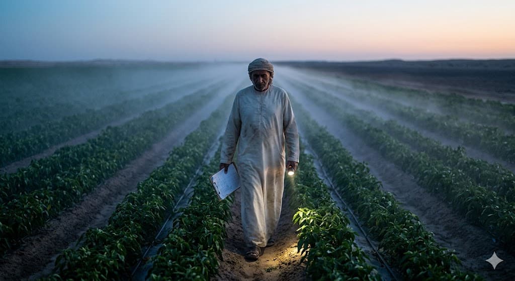 Farmer manually inspecting crops in field