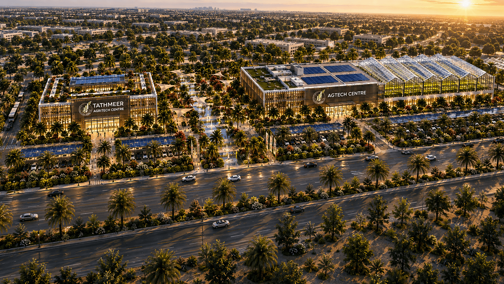 Aerial view of the Tathmeer AgriTech Centre at sunset